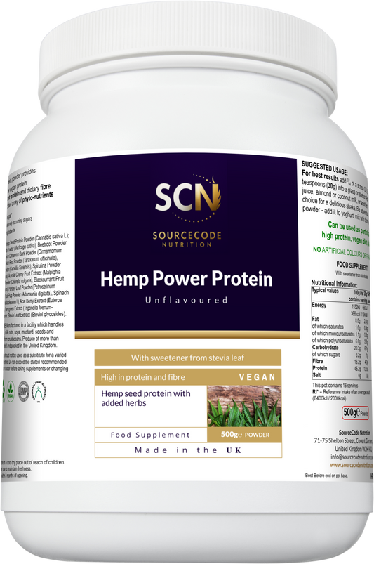 Hemp Power Protein powder in sleek black packaging by SourceCode Nutrition. Premium plant-based protein made from organic hemp seeds, offering complete amino acids and sustainable nutrition for optimal muscle recovery and performance.