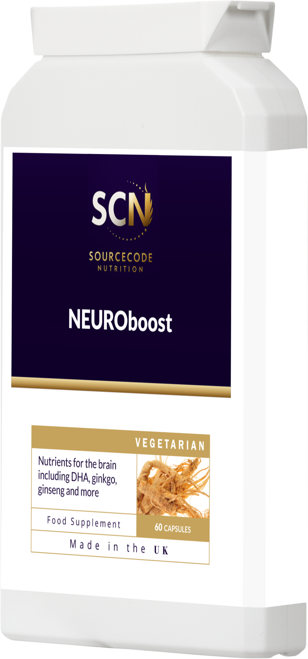 NEUROboost nootropic supplement label - advanced cognitive enhancement formula designed to sharpen focus, improve memory, and support overall brain health with low toxicity and minimal side effects.